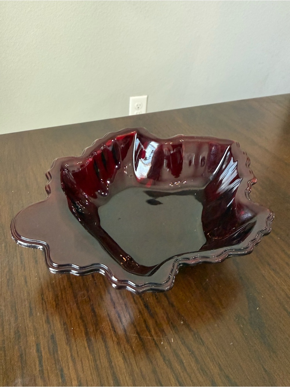 Vintage Anchor Hocking Maple Leaf Candy Dish Royal Ruby Red Depression Glass